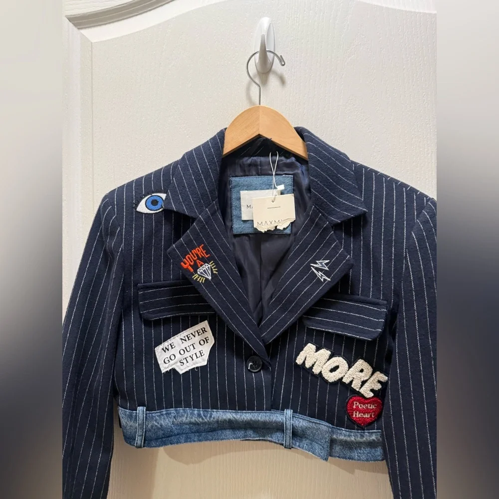 MAXMILA PARIS  Premium Crop Blazer with Embroidered Denim Trim size M NWT - Picture 4 of 8